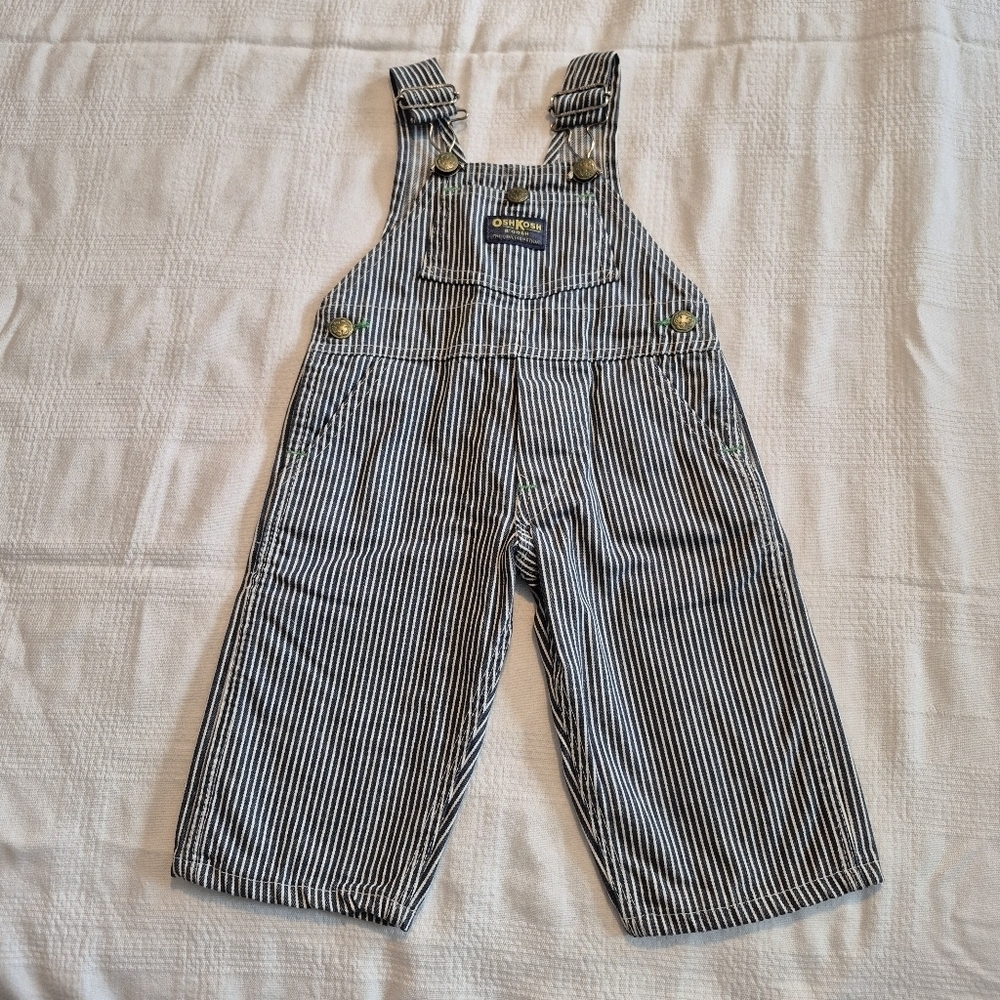 Vintage Oshkosh B'Gosh size 24 m blue and white striped overalls no snaps EUC